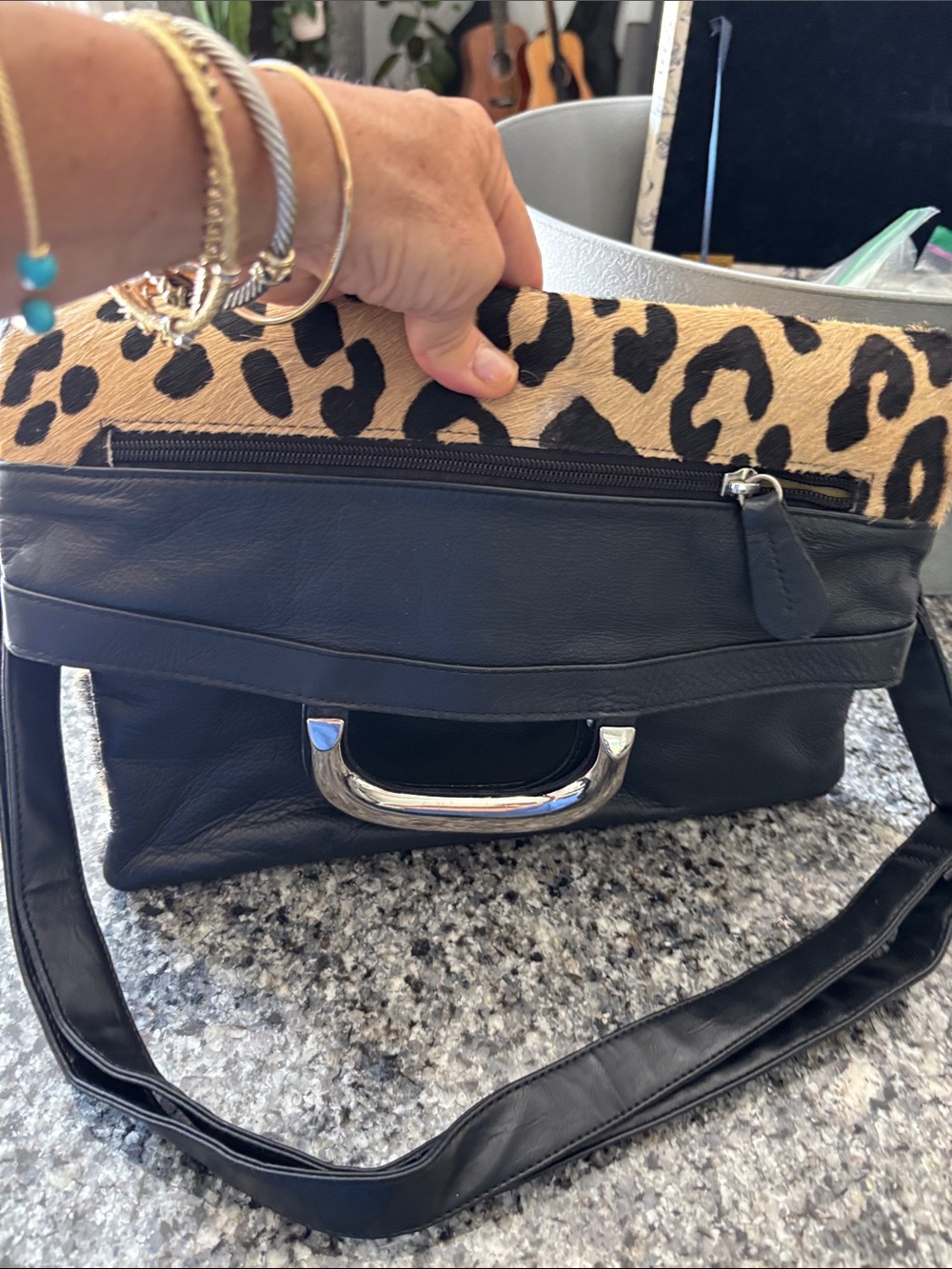Chic Black Leather Maurizio Taiuti Crossbody with Leopard Accent